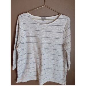 T By Talbots Pullover L Large Frayed Hem striped Soft 3/4 Sleeve